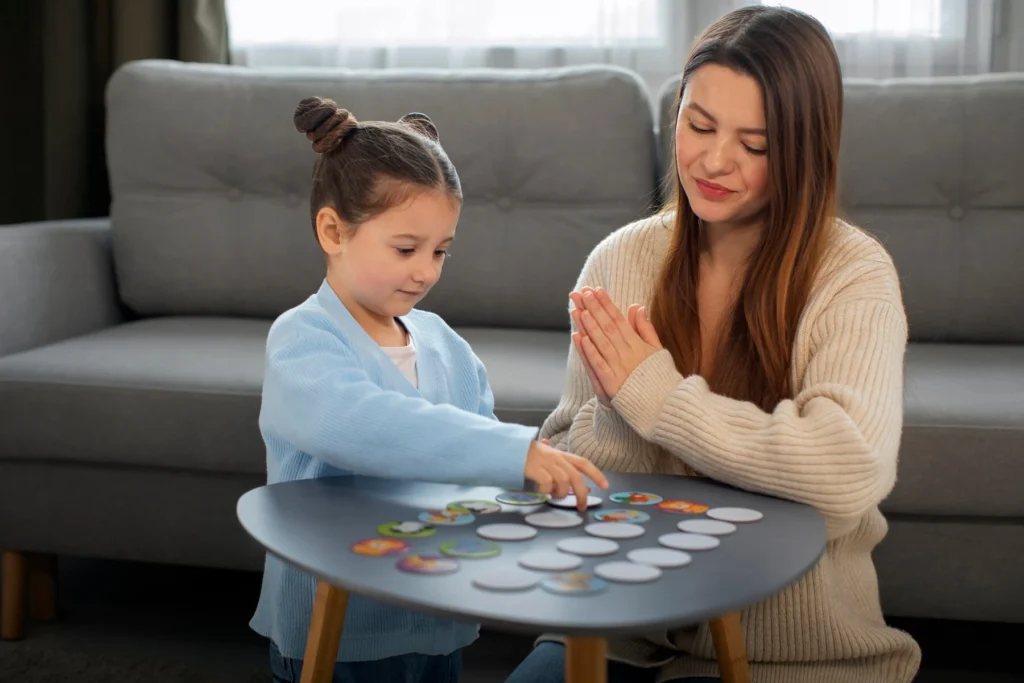 A child playing a game with her a women, promoting interactive learning and fun.