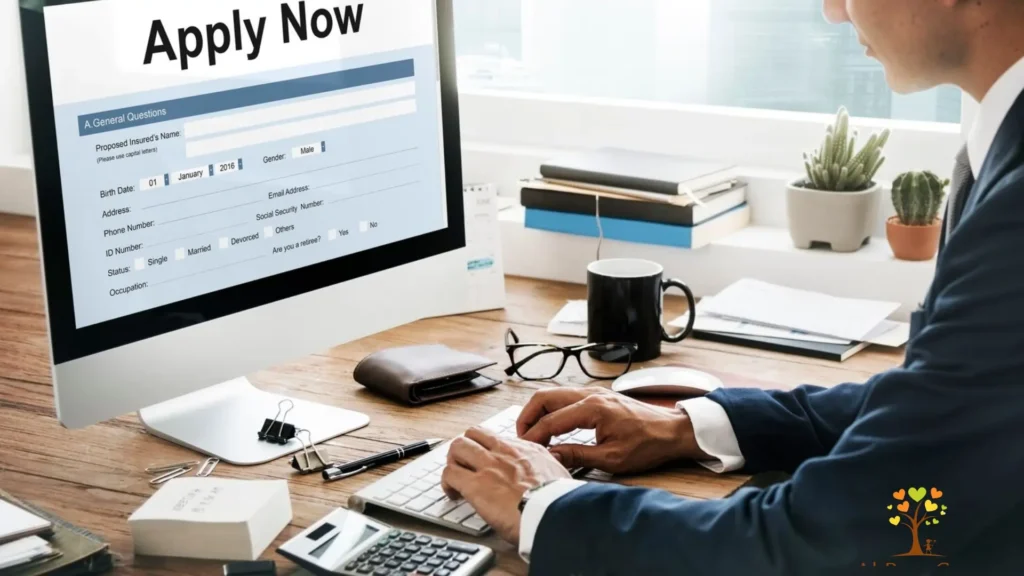 A step-by-step guide on applying for jobs online, featuring a computer screen displaying job application forms.