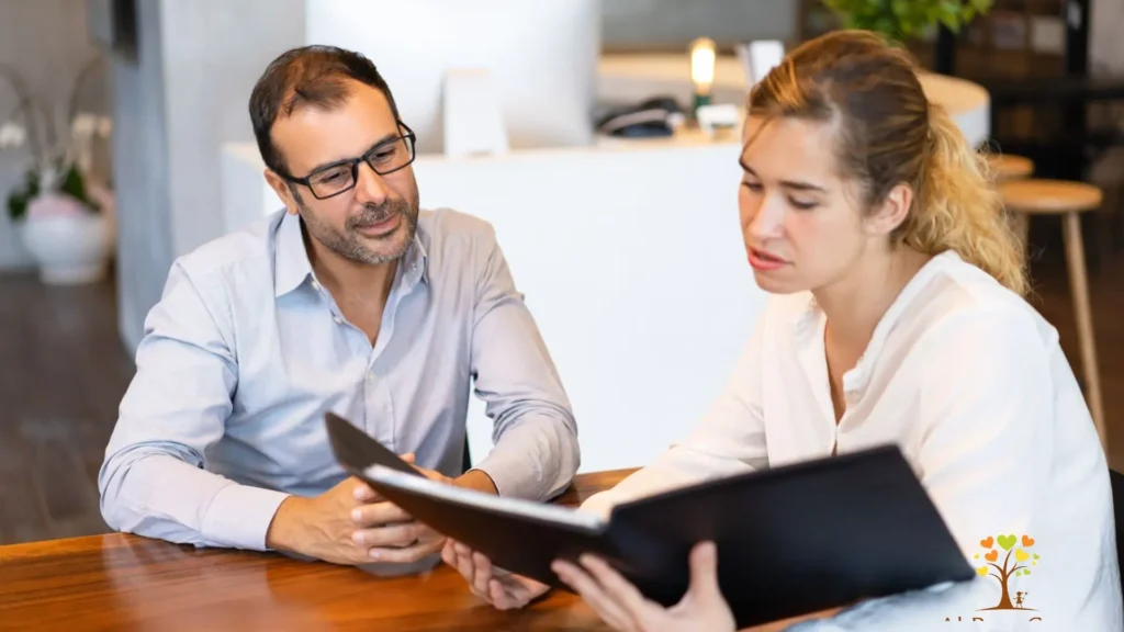A man and woman are seated at a table, reviewing documents from a folder in a collaborative setting.