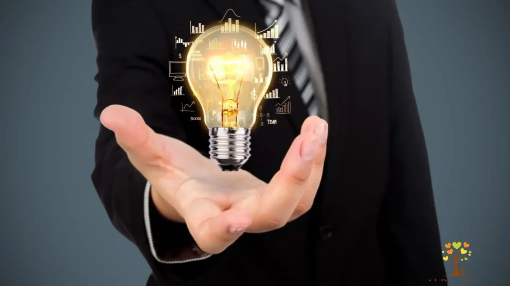 A man in a suit confidently holds a light bulb, symbolizing innovation and bright ideas.